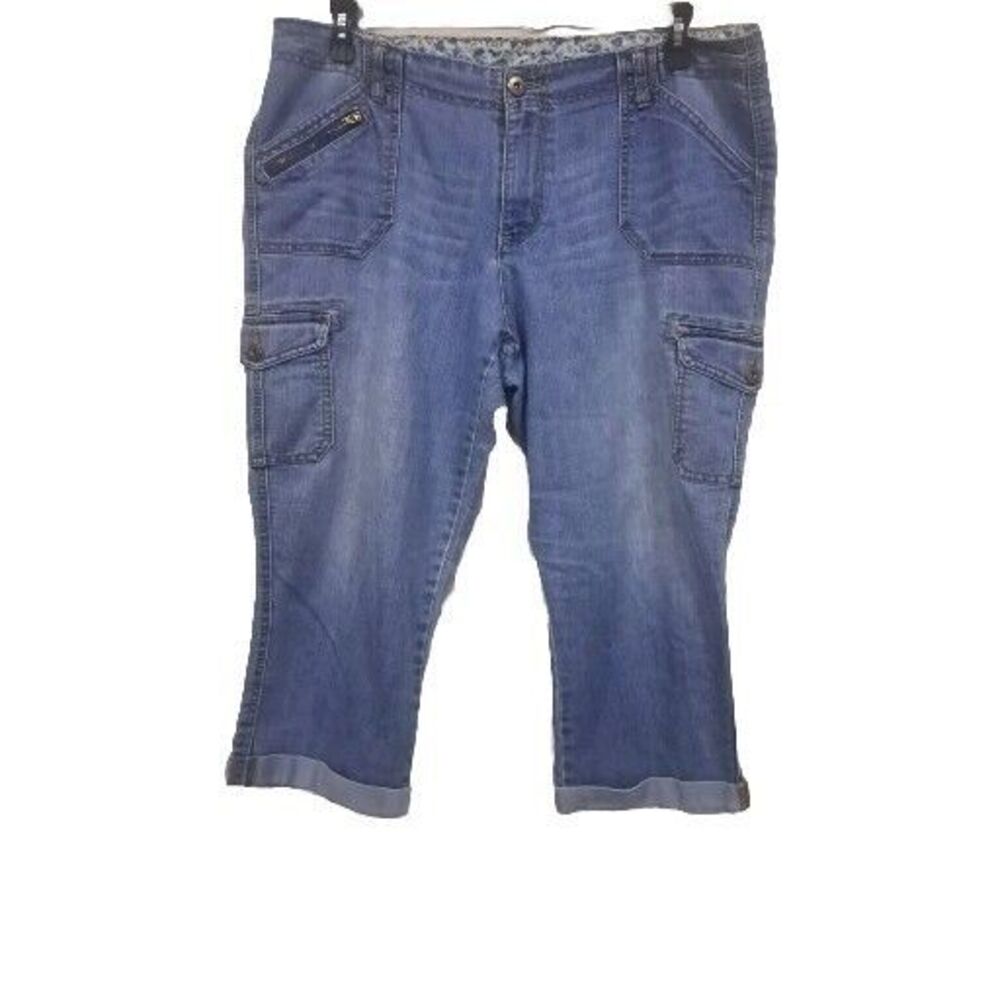 Prefaded Denim Faded Glory Capri Cargo Pants Size 16 Cuffed Women's Blue Jeans